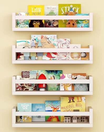 Set of 4 Wall-Mounted Nursery Bookshelves - 16.5-Inch Floating Wood Shelves