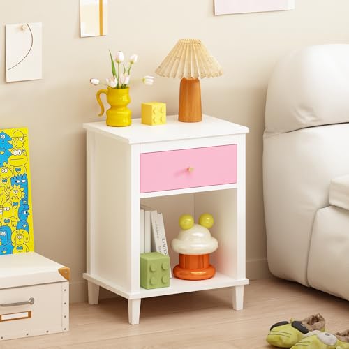 Kids Modern Nightstand with Drawer and Open Shelf, Pink Bedside End Table