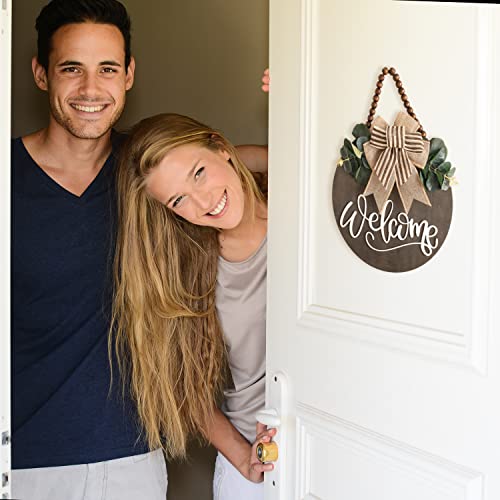 12-Inch Round Wooden Welcome Sign for Front Door - Farmhouse Porch Decor