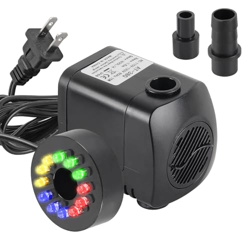 15W Submersible Fountain Pump with 4-Color LED Lights, 220 GPH