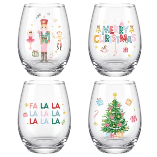 Potchen 4-Pack Pink Nutcracker Stemless Wine Glasses 18oz Christmas Decor