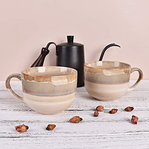 Bosmarlin Large Ceramic Coffee Mug Set of 2 - 16oz Jumbo Latte Cups, Brown Grey, Dishwasher & Microwave Safe
