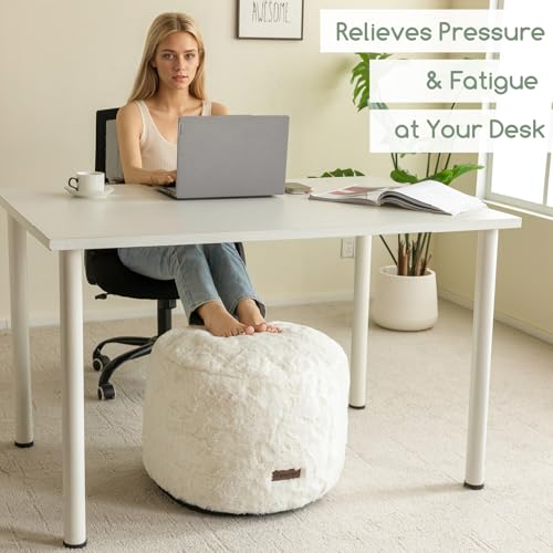 Fluffy Round Pouf Ottoman, 20-Inch Foam Filled Foot Rest Stool, Beige