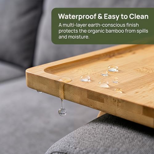 Bamboo Couch Armrest Table with Cup Holder and 360° Phone Stand