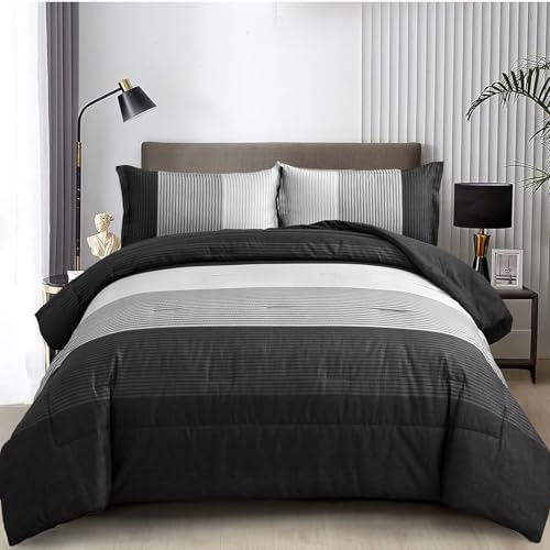 Black Comforter Set Full Size - Reversible Stripe Design, 3 Pieces