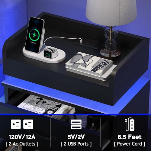 Modern LED Nightstand with Charging Station and 2 Drawers, Black