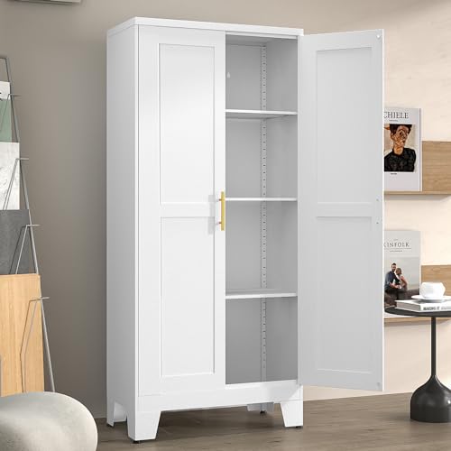 61-Inch Metal Pantry Cabinet with 2 Doors and Adjustable Shelves, White