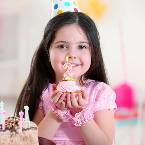 Pink Number 2 Birthday Candle - Glitter Macaron Cake Topper Decor