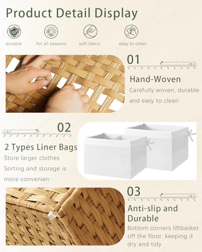Woven Storage Basket with Lid 65L Foldable Rattan Hamper with Liners