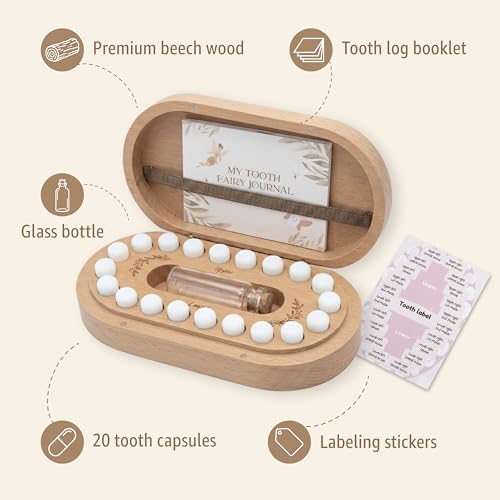 Wooden Baby Teeth Keepsake Box with Tooth Fairy Journal & Capsules