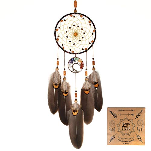 Tree of Life Dream Catcher with 7 Chakra Healing Crystals 18-inch Wall Decor