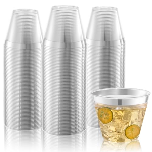 BESTVIP 9oz Silver Rimmed Disposable Plastic Cups - Pack of 100