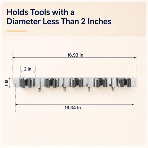 Stainless Steel Mop and Broom Holder Wall Mount with 5 Racks and 4 Hooks