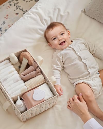 Floral Diaper Caddy Organizer Quilted Nursery Storage Basket Beige