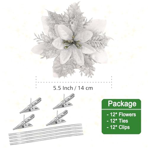 12-Pack 5.5-Inch Silver Glitter Poinsettia Christmas Tree Ornaments