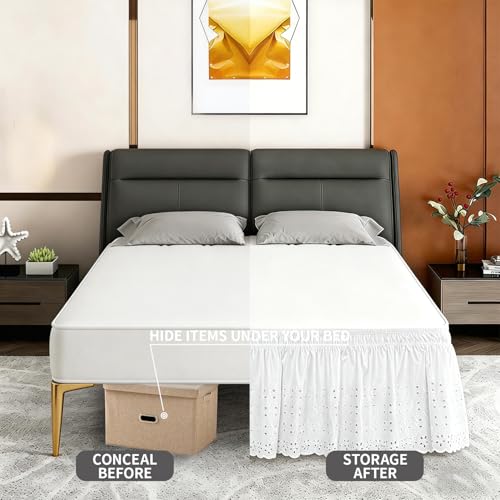 Queen Wrap-Around Elastic Bed Skirt - 18" Drop White Eyelet Dust Ruffle