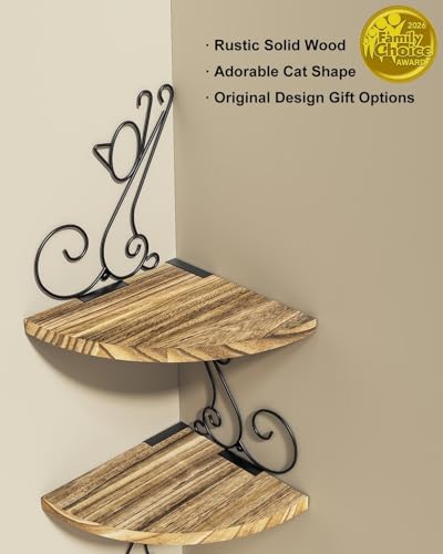 4-Tier Cat Shaped Floating Corner Shelf - Rustic Wood Wall Mount Storage