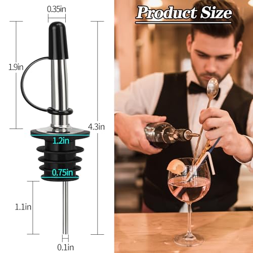 Stainless Steel Liquor Bottle Pour Spouts with Rubber Dust Caps (12 Pack)