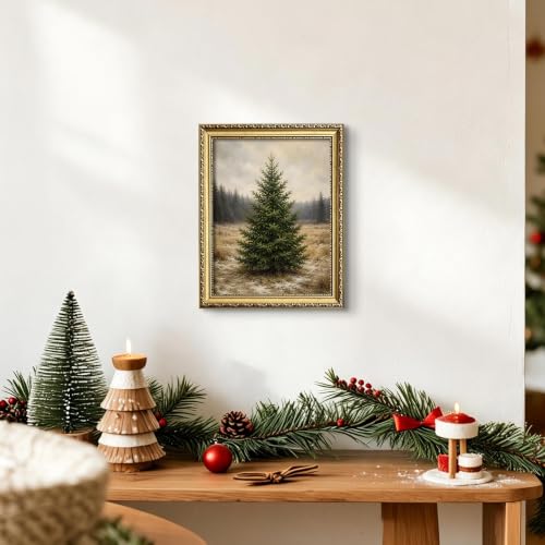 A-Tree Framed 10x8 Vintage Gold Christmas Tree Wall Art — Rustic Winter Canvas Print