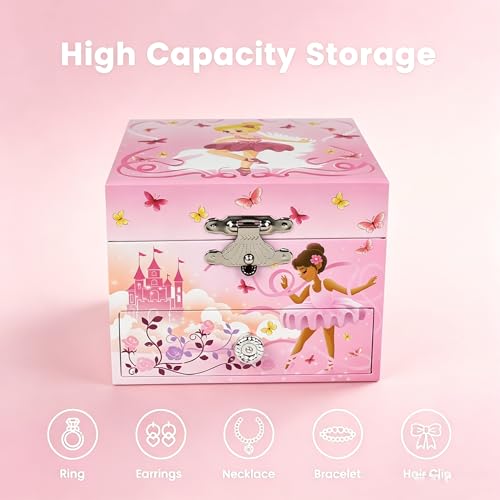 Ballerina Musical Jewelry Box for Girls with Spinning Dancer & Storage Drawer