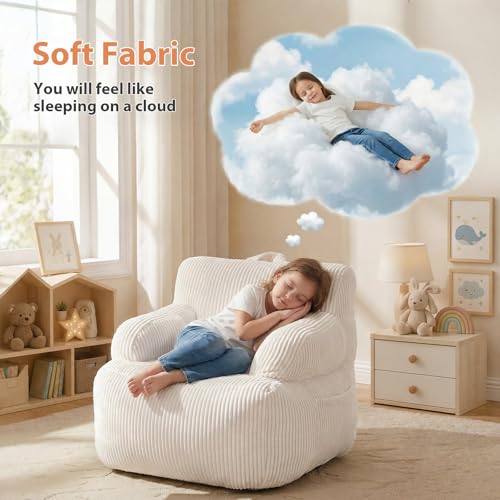 Kids Bean Bag Chair with Armrests and Side Pocket, Soft Corduroy Sofa