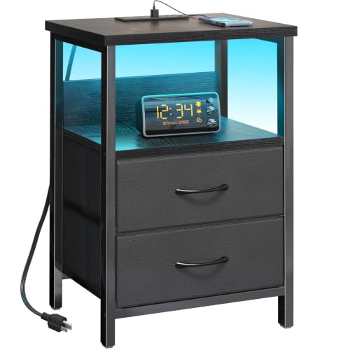 Black LED Nightstand with Charging Station, 2 Fabric Drawers & USB Ports