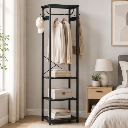 Industrial Freestanding Coat Rack with Hanging Rod and 3 Wooden Shelves