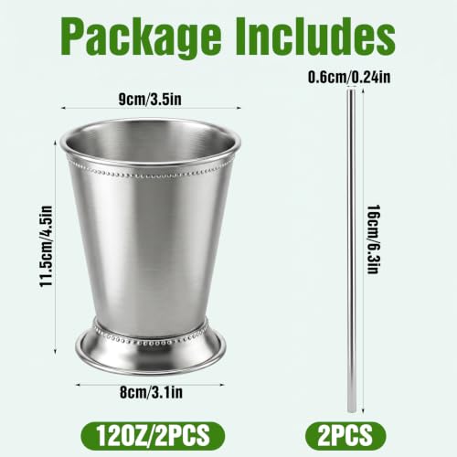 Set of 2 Stainless Steel Mint Julep Cups 12oz Cocktail Glasses with Straws