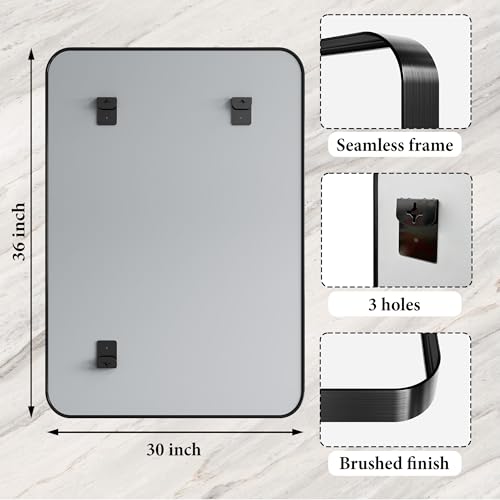 30x36 Inch Matte Black Bathroom Wall Mirror, Shatterproof Tempered Glass