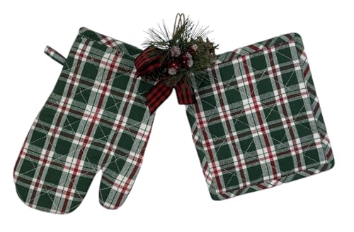 Serafina Home Green Red White Tartan Christmas Pot Holder & Oven Mitt Set