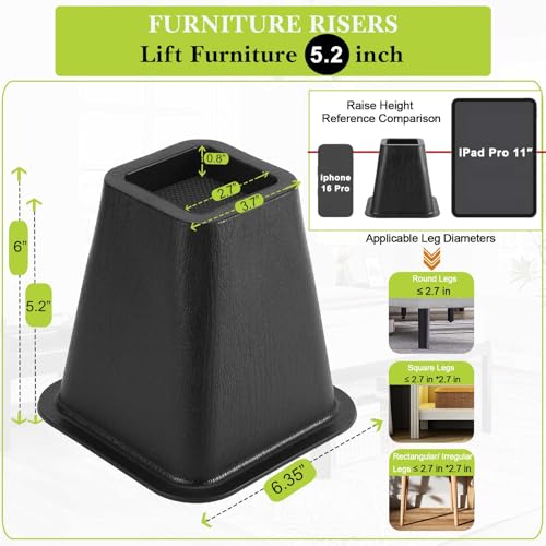 Heavy Duty 6 Inch Furniture Risers - 4 Pack Non-Slip Bed Lifts, Black