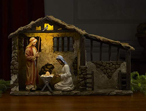 Lighted Nativity Stable Creche for 7-Inch Scale Figures, Polystone Manger