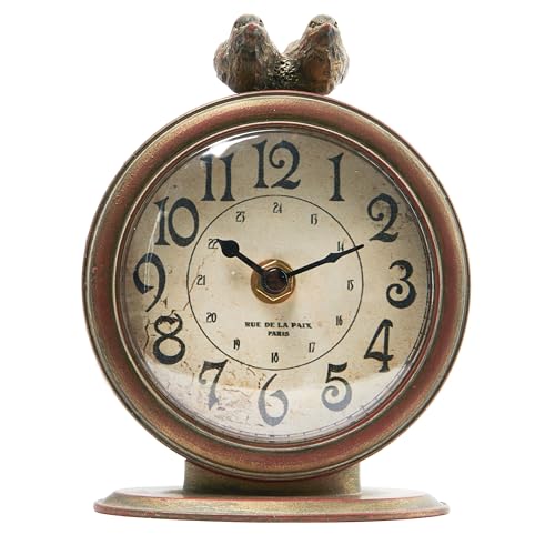 Creative Co-Op Vintage Pewter Mantel Clock with Birds, Distressed Brown