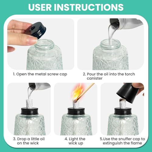 2-Pack Glass Tabletop Citronella Torches with Wicks & Snuffers for Patio