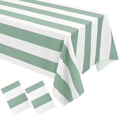 2 Pack Green and White Striped Tablecloths 60x84 Inches for Dining & Events