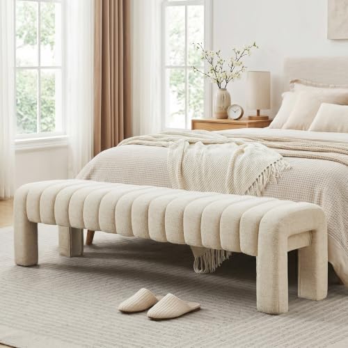 JIRAIN Beige Upholstered Bedroom Bench 63'' with Solid Wood Legs - Modern Linen Entryway & Living Room Seat