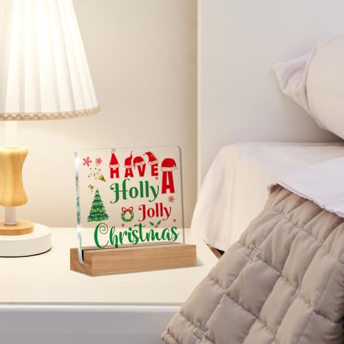 AKFVNSFK Holly Acrylic Desk Sign 4x4 in with Wooden Base – Red & Green Christmas Decor