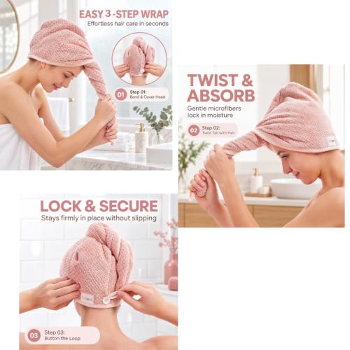 M-bestl 2 Pack Microfiber Hair Towel Wrap with Button - Pink & Beige Quick Dry