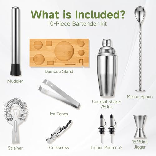 Stainless Steel Cocktail Shaker Set with Stand - 10-Piece Bartender Kit for Home & Bar