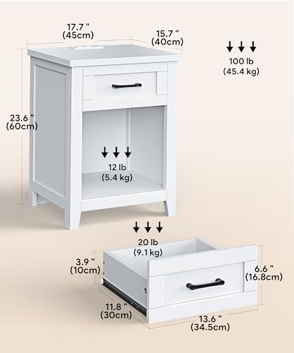Set of 2 Farmhouse Nightstands with Charging Station, USB Ports & Drawer