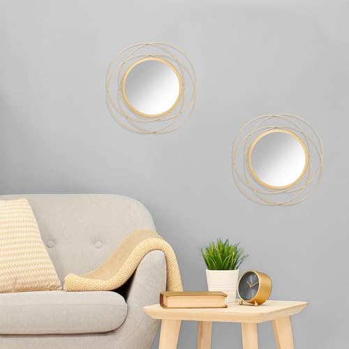 12-Inch Round Gold Wall Mirror Set - Decorative Iron Frame Wall Art (2 Pack)