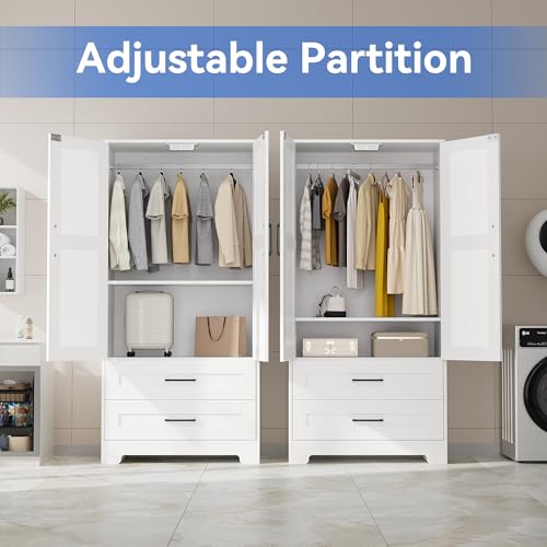 Freestanding Wooden Wardrobe Closet with Hanging Rod and Adjustable Shelves