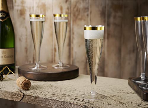 Gold Rim Disposable Plastic Champagne Flutes 5 Oz Pack of 100 - Elegant Partyware