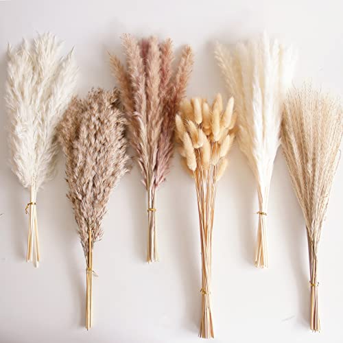 110 Pcs Dried Pampas Grass Bouquet with Bunny Tails - Boho Home Decor
