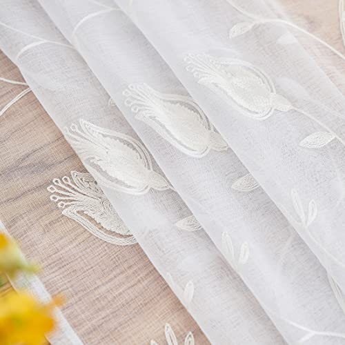 Sheer Embroidered Curtains 52"x72" Rod Pocket Drapes - Set of 2