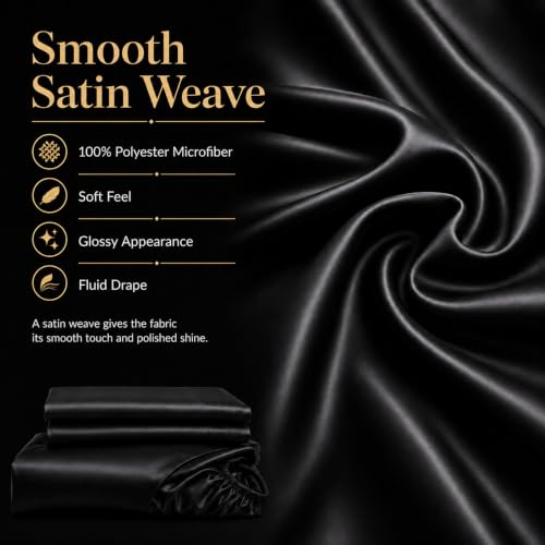 CozyLux Queen Satin Sheet Set - 4-Piece 14" Deep Pocket Silky Bed Sheets (Black)