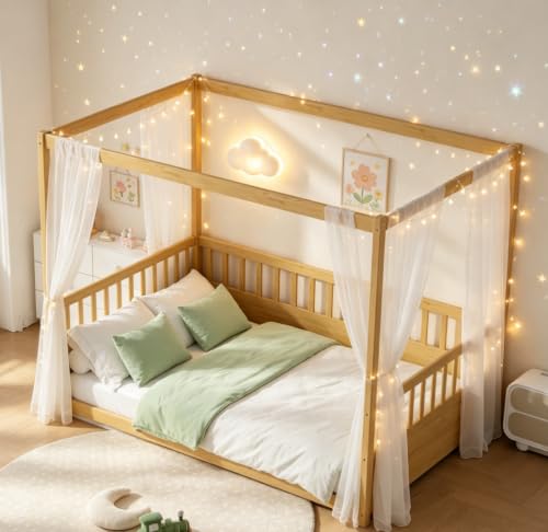 Full Size Montessori House Bed Frame with Canopy and Safety Guardrails