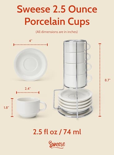 Sweese White 2.5oz Stackable Espresso Cups with Saucers & Metal Stand Set of 4