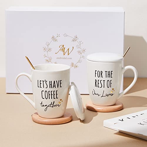 Lets Have Coffee Wedding Gift Set for Couples - 2 Ceramic Mugs, Gift Box, Coasters & Lids