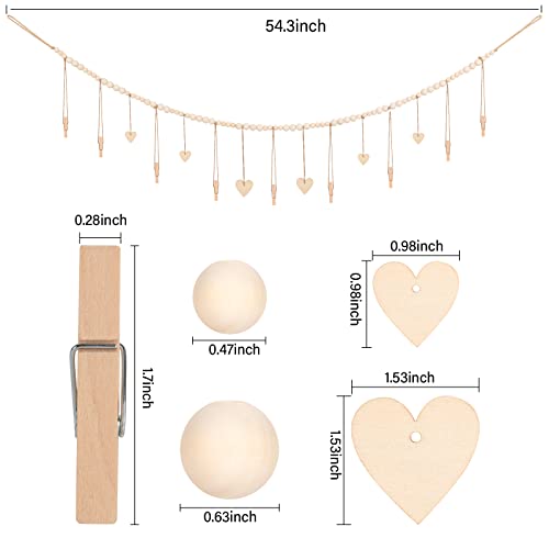 Boho Wood Bead Hanging Photo Display with 9 Clips & Heart Tags